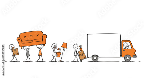 A cartoon illustration depicts stick figures moving furniture and boxes into a moving truck, showcasing the concept of relocation and home delivery with a vector design.