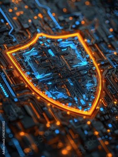 cybersecurity shield a digital shield glows with vibrant blue and orange hues symbolizing robust protection within a complex network of circuits it evokes a sense of security resilience