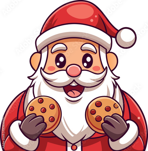 Cute cartoon santa claus holding two chocolate chip cookies