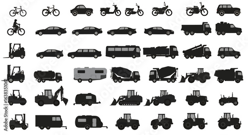 Diverse vector set of transportation vehicles like cars, trucks, buses, and construction equipment, all rendered in a clean, minimalist black silhouette style, perfect for design.