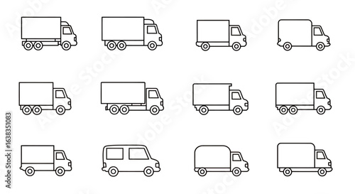 A diverse collection of minimalist line art vector icons showcasing different types of delivery trucks and cargo vans for modern transportation and logistics.