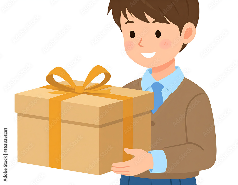 Cheerful cartoon boy holding a beautifully wrapped gift box with a golden ribbon. Perfect for children’s events, back-to-school promotions, or celebration themes Cheerful cartoon boy holding a beautifully wrapped gift box with a golden ribbon. Perfect for children’s events, back-to-school promotions, or celebration themes