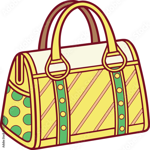 Yellow duffel bag with green polka dots and stripes vector