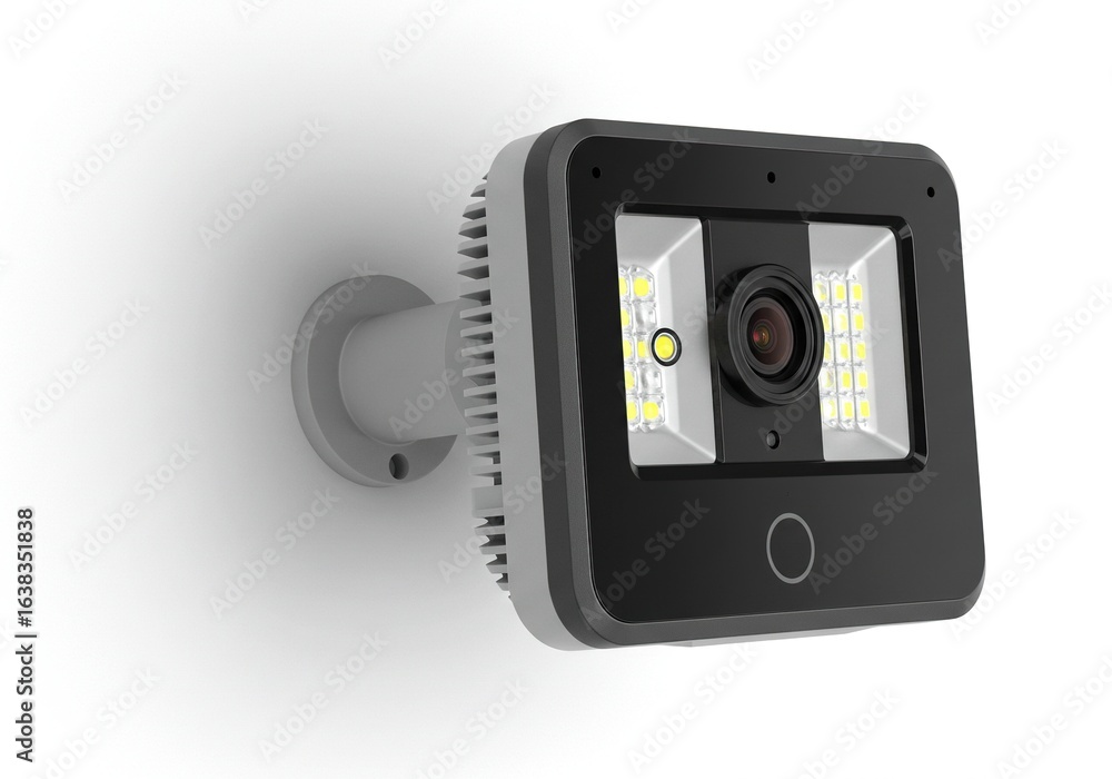 Fototapeta premium Modern outdoor security camera with infrared illumination and led lights, isolated on white background
