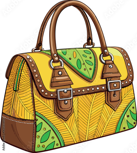 Yellow leather handbag with brown straps and green leaf accents vector