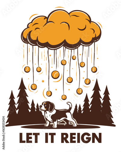 Dog-shaped cloud raining tennis balls over park, magical realism