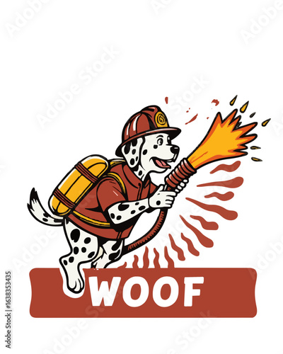 Dalmatian firefighter launching from hose, heroism and fun