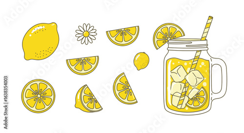 Vector art of a refreshing collection of lemons, slices, and a glass of lemonade with ice and a straw, isolated on white background