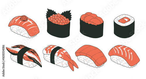 Vector art of a variety of delicious sushi and maki rolls, including salmon, tuna, and shrimp, isolated on white background