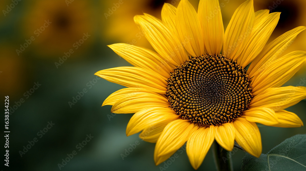 Obraz premium Close up shot of a bright yellow sunflower with a dark center against a blurred green background