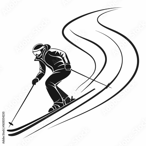 Silhouette of a Skier Gliding Down a Slope Adventure and Freedom in Winter Sports with Alpine Landscape for Posters and Decor