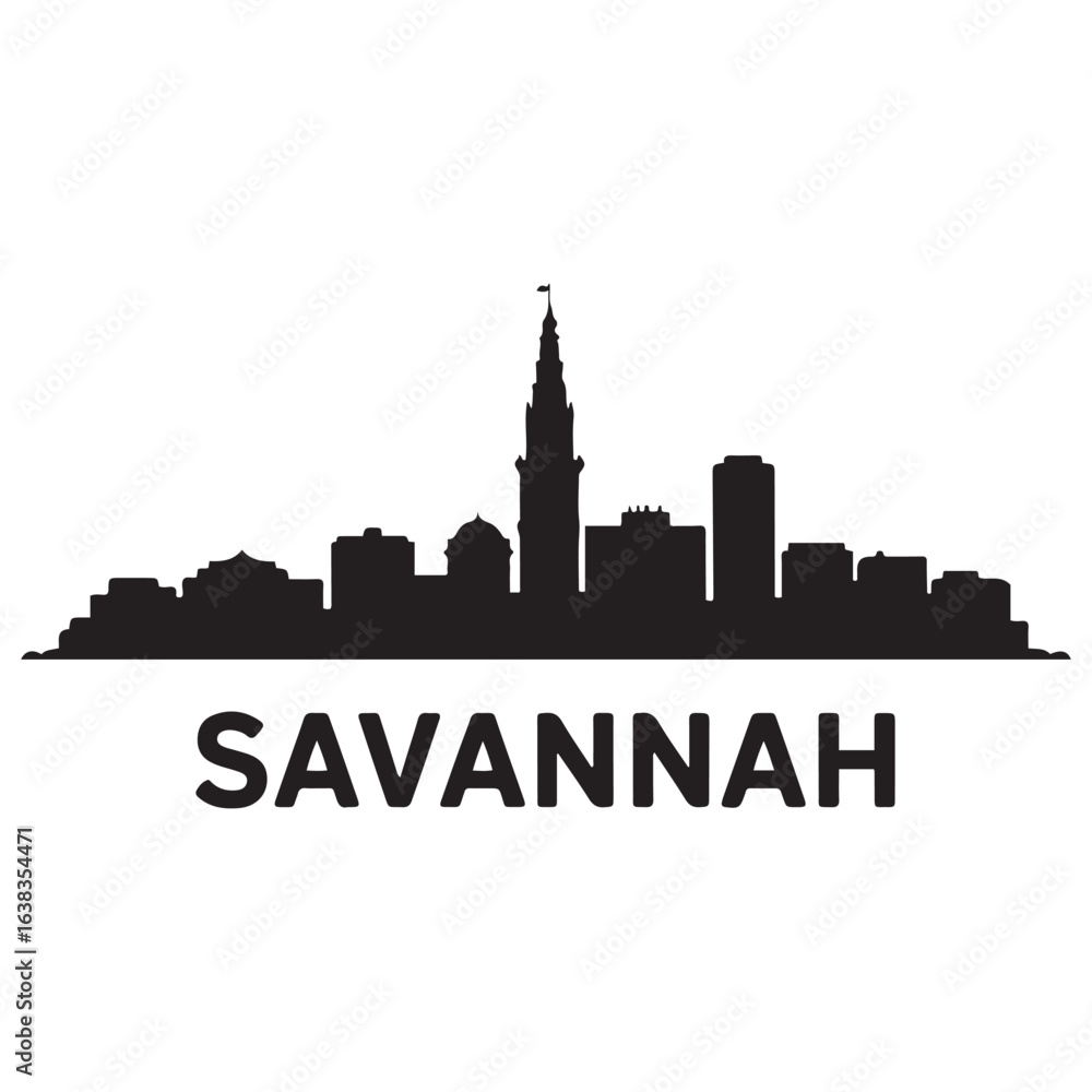 Fototapeta premium Savannah skyline silhouette. Black Savannah city. Vector black silhouette. with white background.
