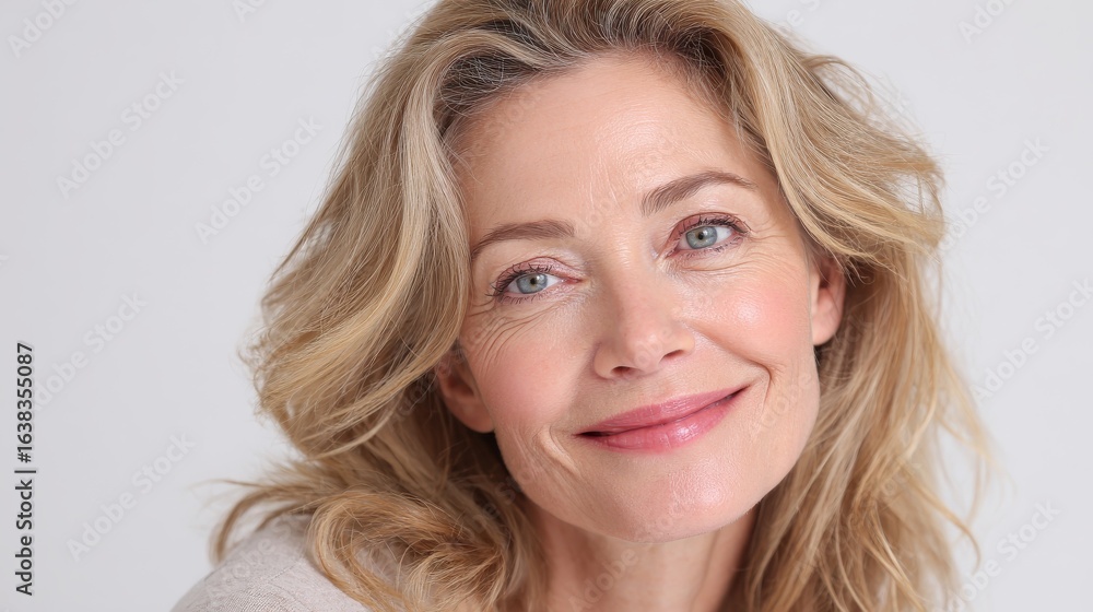Fototapeta premium happy smiling attractive 50s middle aged blonde woman looking at camera advertising antiage face skin and aging hair care treatment and cosmetics isolated on white background close up portrait no log