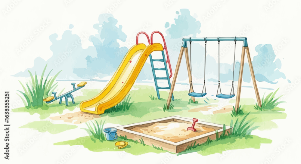 Fototapeta premium Create a water colour illustration of play ground on white 