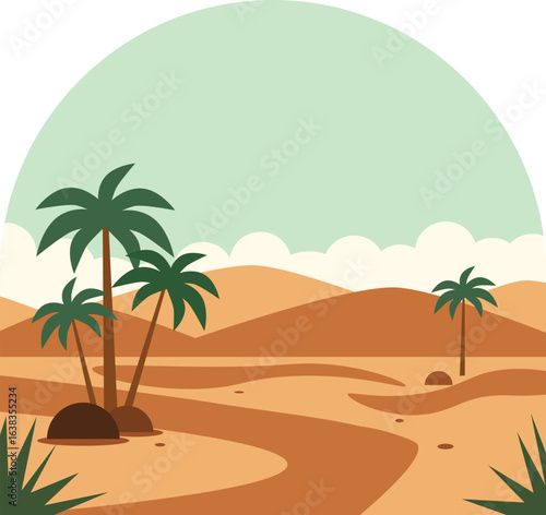 Vibrant desert landscape with tall green palm trees sandy dunes and a winding path under a peaceful light sky vector illustration of an exotic oasis or remote wilderness adventure
