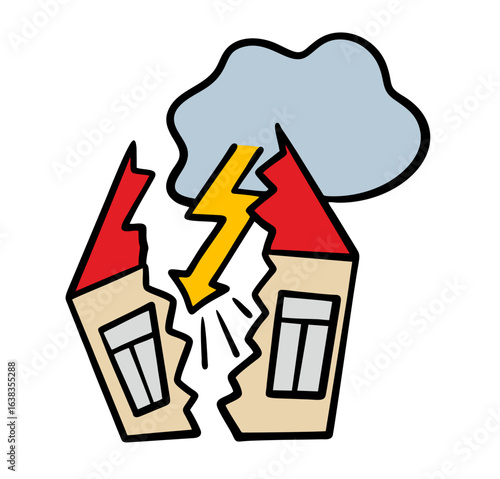Doodle terrible thunderstorm, lightning from a cloud struck the building and split the house. Vector illustration of an accident, natural disaster. Rain, wind and solve the problem.