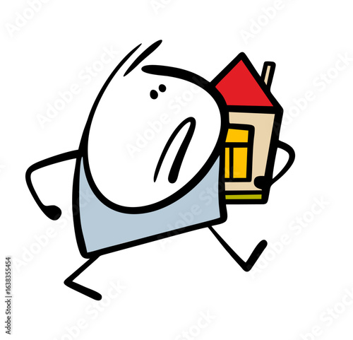 Cartoon disgruntled homeowner goes and carries a small toy house. Vector illustration of a real estate agency. A man buys a house.