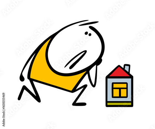 Funny puzzled cartoon stickman squats down and looks at a small building. Vector illustration of a man unhappy with size of home. Doodle toy for a child.