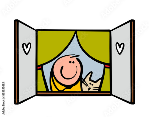 Cartoon open window in a cozy house. Vector illustration of a funny stickman and a cat looking out into the street. Shutters and curtains, heart-shaped pattern. Friends love animals and pets.