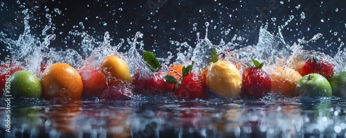 A vibrant assortment of fresh fruit being splashed by water