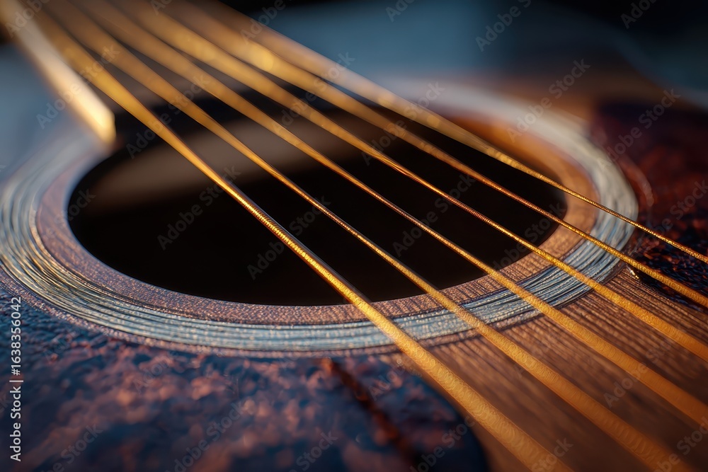 Obraz premium Close-up acoustic guitar strings, sunlit wood, home. Possible music poster
