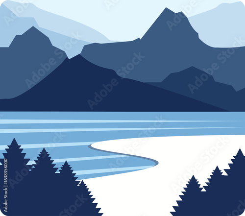 Majestic blue mountains towering over tranquil lake with snowy shores and dark pine trees minimalist winter nature landscape vector graphic serene outdoor vista