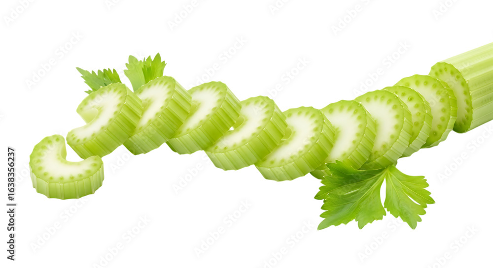Naklejka premium Fresh celery slices arranged in a row, isolated on transparent background this crunchy vegetable is a healthy snack and a versatile ingredient in various culinary dishes