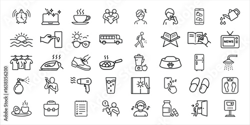 Set of hand drawn daily routine icons isolated on white background, vector illustration