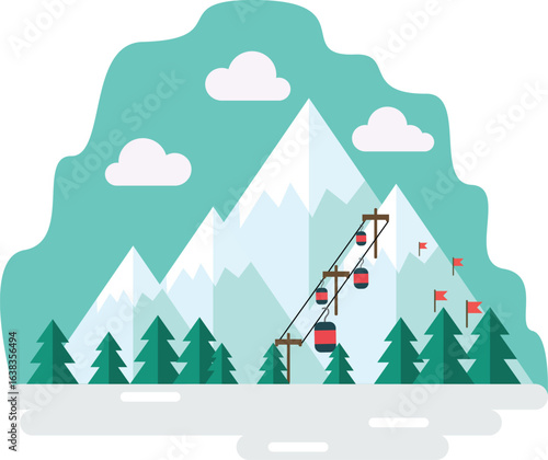 Serene winter mountain landscape illustration snow capped peaks ski lift with red gondolas evergreen forest ski flags tranquil scenery perfect for travel tourism and adventure sports