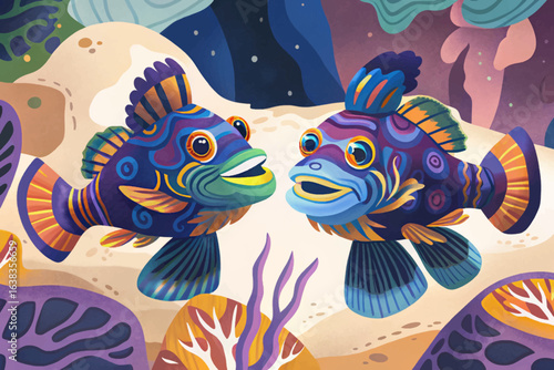 Mandarinfish displaying vivid patterns near coral caves, rare marine wonder cartoon wallpaper