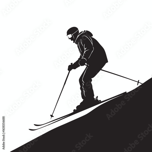 Silhouette of a Skier Gliding Down a Slope Adventure and Freedom in Winter Sports with Alpine Landscape for Posters and Decor