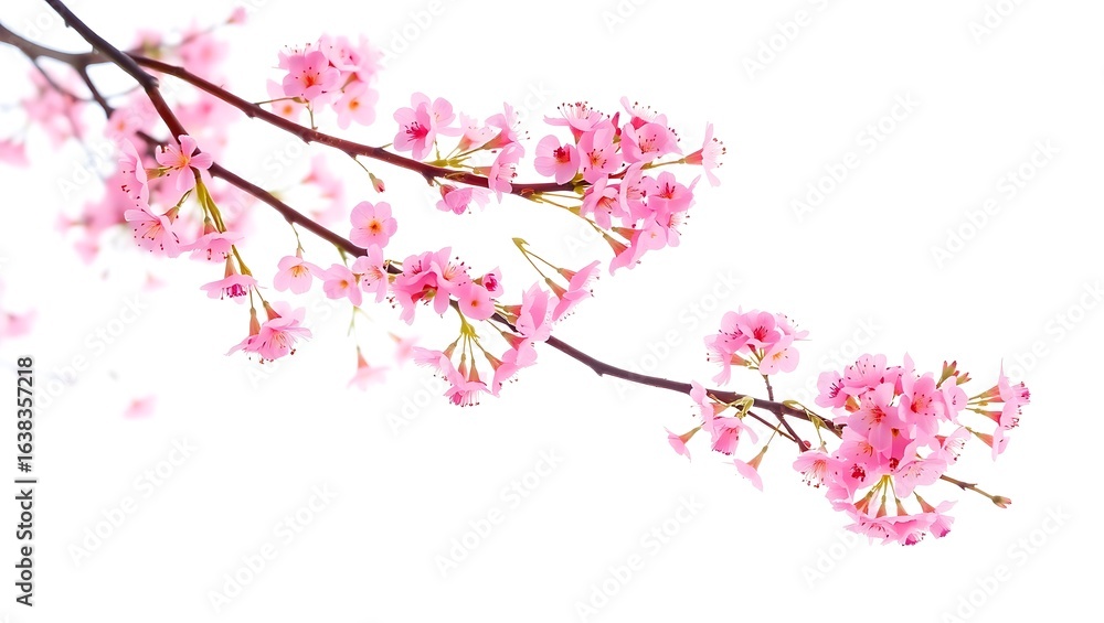 Fototapeta premium Delicate pink cherry blossoms on a branch against a white background