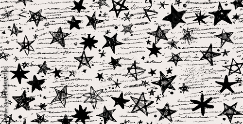 Vintage pattern of abstract illegible handwritten text with hand drawn stars. Grunge bad calligraphy script, old book document. Vector illustration of monochrome unreadable handwriting cursive poetry 