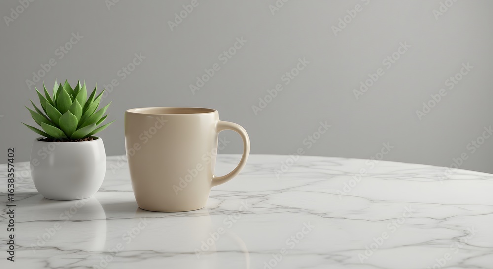 Fototapeta premium Beige mug and succulent plant on a marble table against a gray background, isolated on white background