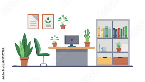 Illustration of a modern office space with desk, plants, chair and a bookshelf with books and drawers