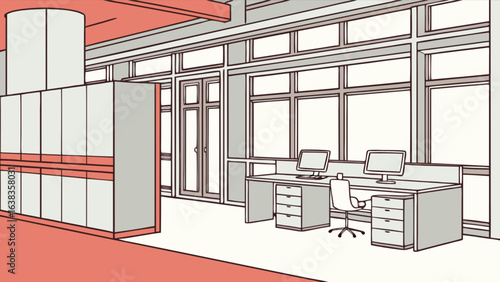 Illustration of a modern office space with desks computers and large windows in a minimalist style