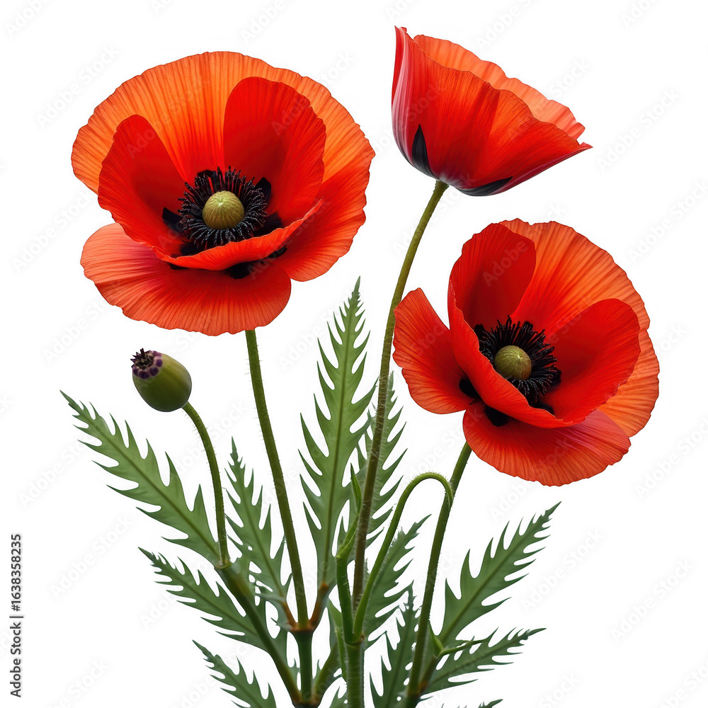 Obraz premium Stunning close up photography of vibrant red poppy flowers with dark green leaves transparent background