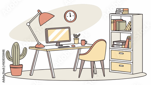 Illustration of a home office setup with desk computer lamp chair and bookshelf providing a work space