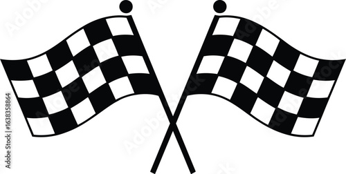 A black and white vector illustration of two crossed checkered flags symbolizing racing and a finish line.