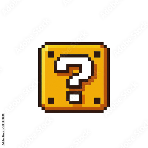 Pixelated Yellow Question Mark Block, Retro Video Game Icon Symbolizing Mystery and Surprise
