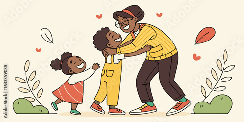 Cheerful children lovingly embrace their teacher, joyfully celebrating love