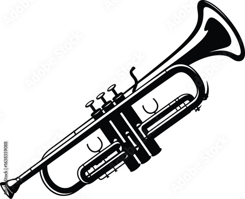 A black and white silhouette illustration of a classical brass trumpet musical instrument isolated on a white background.