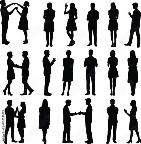 People silhouette vector set, diverse men and women figures, various poses and interactions, communication and relationship, flat vector illustration