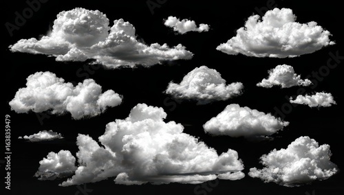 Cumulus clouds collection, isolated on black, design element