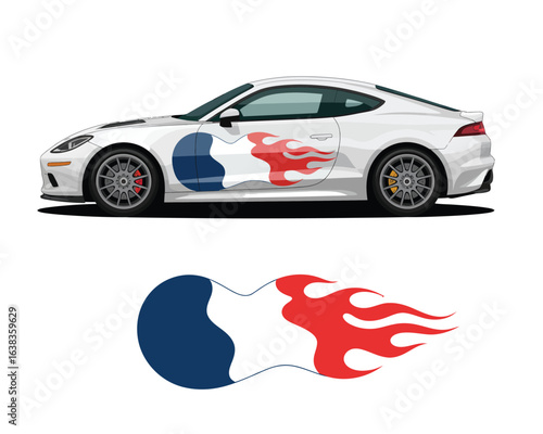A digital illustration of a modern sports car with a fiery French flag decal for vehicle wrapping and livery design.