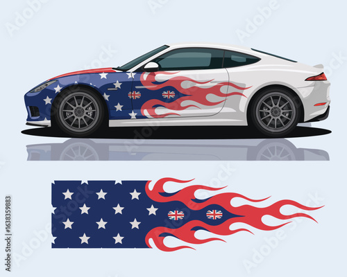A digital illustration showcasing a sleek sports car with a custom livery. The vehicle wrap features a patriotic stars and flames design.