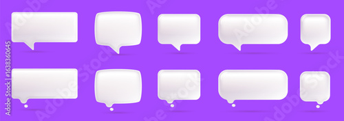Vector illustration of set of realistic different size shape white color speech bubble. Social media symbol of communication icon on color background. 3d cartoon style design of text speech bubble