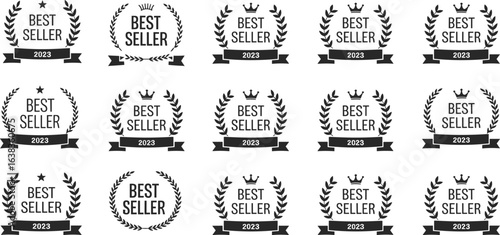 Best seller 2025 award vector set, popular product laurel wreath, top rating quality emblem, sales success badge, flat vector illustration