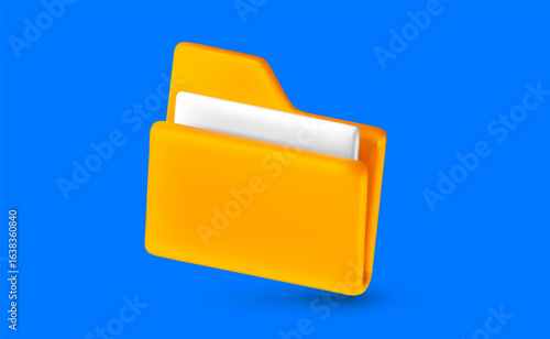 Vector realistic illustration of office yellow color computer file folder archive on blue background. Business digital portfolio symbol. 3d cartoon style concept design of paper document folder icon