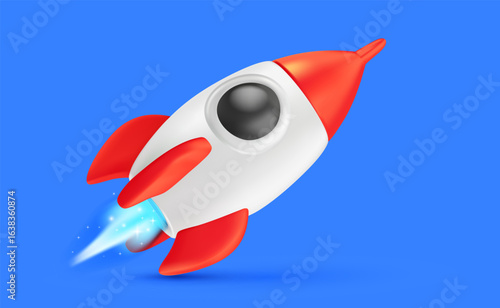 Vector startup realistic illustration of red color spaceship icon with fire. Toy space rocket launch. 3d cartoon style concept design of shuttle takeoff, business startup ship symbol